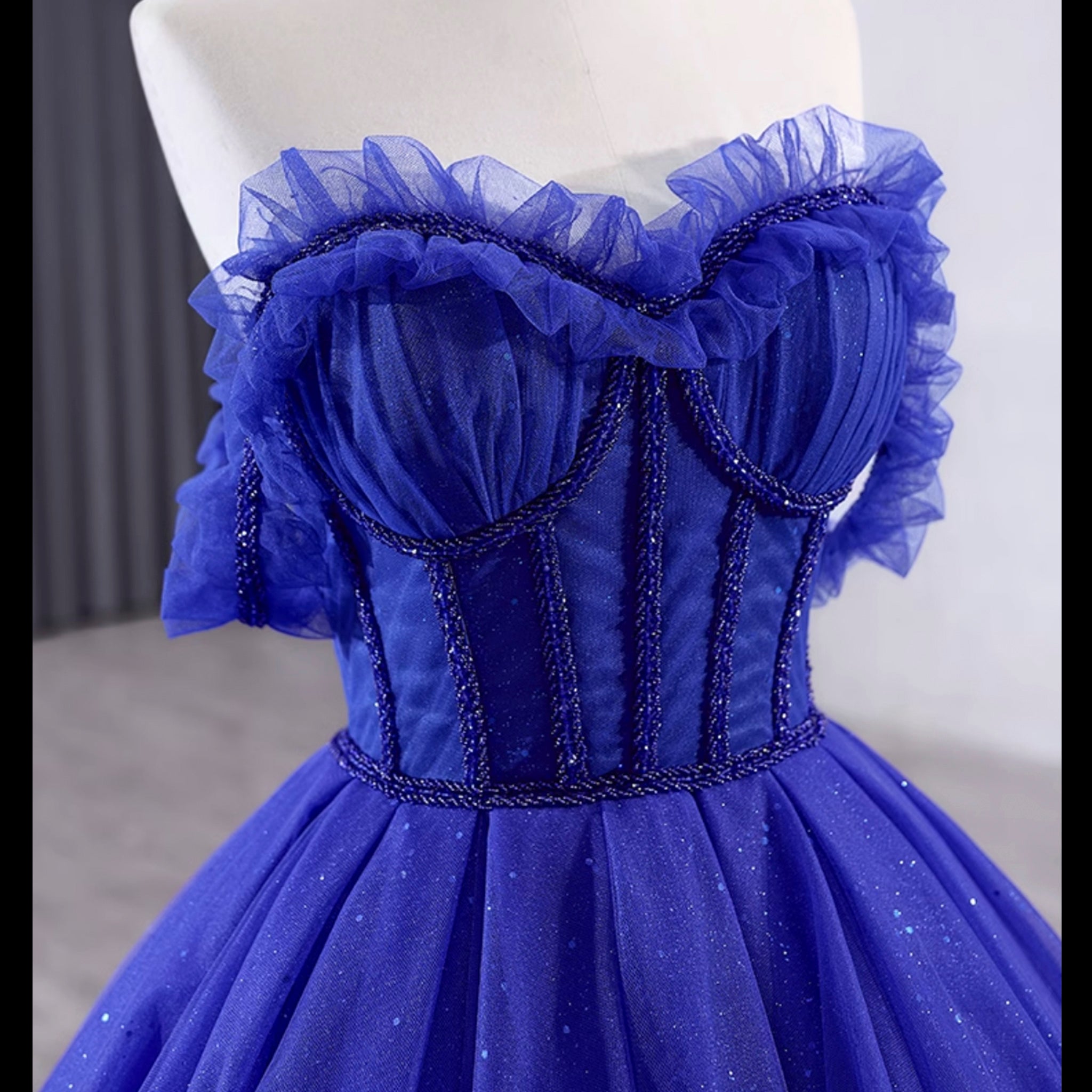 Royal Blue Sparkly Tulle Wedding Gown Off the Shoulder Formal Dress Rosymae Royal Blue Sparkly Tulle Wedding Gown Off the Shoulder Formal Dress Rosymae