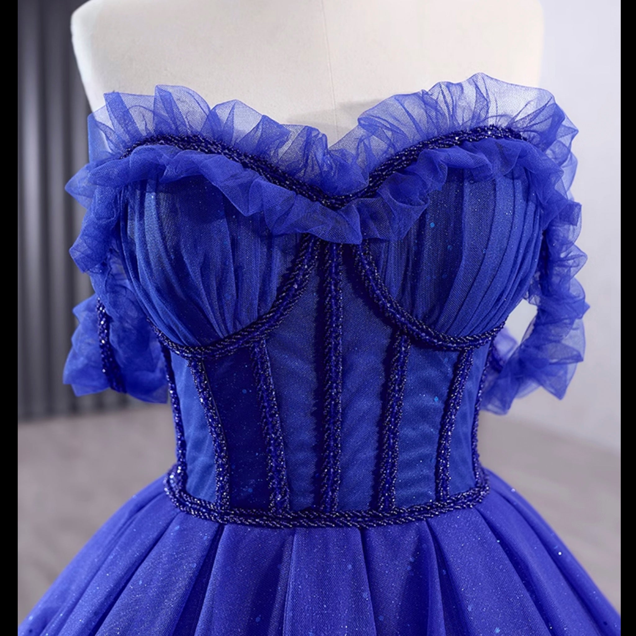 royal blue and purple wedding dress Royal Blue Sparkly Tulle Wedding Gown Off the Shoulder Formal Dress Royal Blue / 26W