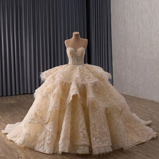 Royal-Style Champagne Ball Gown Wedding Dress with Tiered Ruffled Skirt