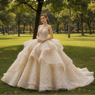 Royal-Style Champagne Ball Gown Wedding Dress with Tiered Ruffled Skirt