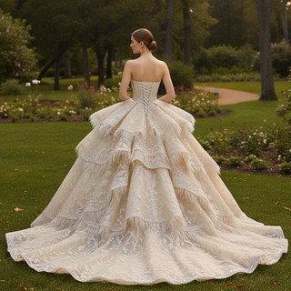 Royal-Style Champagne Ball Gown Wedding Dress with Tiered Ruffled Skirt