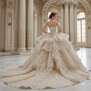 Royal-Style Champagne Ball Gown Wedding Dress with Tiered Ruffled Skirt