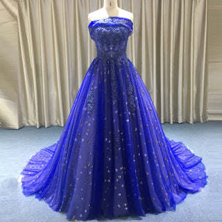 Elegant Straight Neck Strapless Maxi Royal Blue Prom Dress
