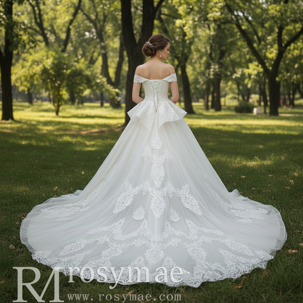 Elegant A-line Ruffle Skirt Vintage Wedding Dress with Off the Shoulde Rosymae Elegant A-line Ruffle Skirt Vintage Wedding Dress with Off the Shoulde Rosymae