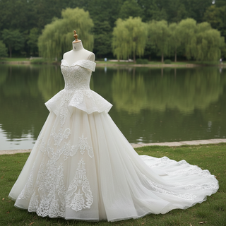 Elegant A-line Ruffle Skirt Vintage Wedding Dress with Off the Shoulder