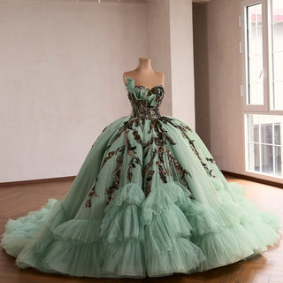 Sage Quinceanera Dress with Dense Gathered Tulle Ruffles & Sequin Floral Trailing Vines