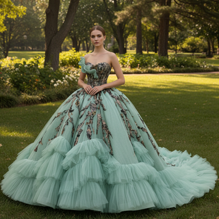 Sage Quinceanera Dress with Dense Gathered Tulle Ruffles & Sequin Floral Trailing Vines