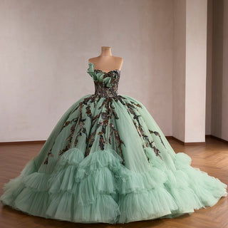 Sage Quinceanera Dress with Dense Gathered Tulle Ruffles & Sequin Floral Trailing Vines