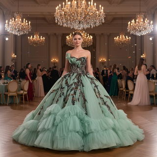Sage Quinceanera Dress with Dense Gathered Tulle Ruffles & Sequin Floral Trailing Vines