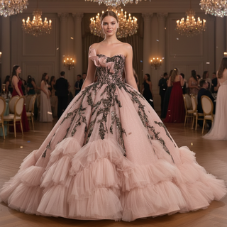Sage Quinceanera Dress with Dense Gathered Tulle Ruffles & Sequin Floral Trailing Vines
