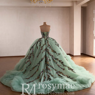 Sage Quinceanera Dress with Dense Gathered Tulle Ruffles & Sequin Floral Trailing Vines