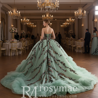 Sage Quinceanera Dress with Dense Gathered Tulle Ruffles & Sequin Floral Trailing Vines