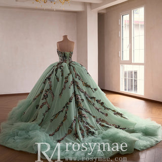 Sage Quinceanera Dress with Dense Gathered Tulle Ruffles & Sequin Floral Trailing Vines
