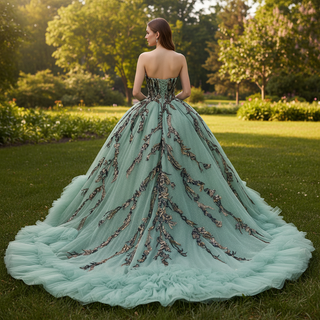 Sage Quinceanera Dress with Dense Gathered Tulle Ruffles & Sequin Floral Trailing Vines