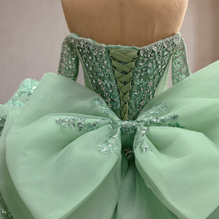 Sage Green Off-the-Shoulder Crystal Beaded Corset Ball Gown Quinceañera Dress with Oversized Bow