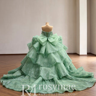 Sage Green Off-the-Shoulder Crystal Beaded Corset Ball Gown Quinceañera Dress with Oversized Bow