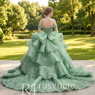 Sage Green Off-the-Shoulder Crystal Beaded Corset Ball Gown Quinceañera Dress with Oversized Bow