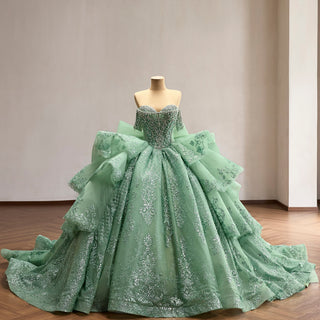 Sage Green Off-the-Shoulder Crystal Beaded Corset Ball Gown Quinceañera Dress with Oversized Bow