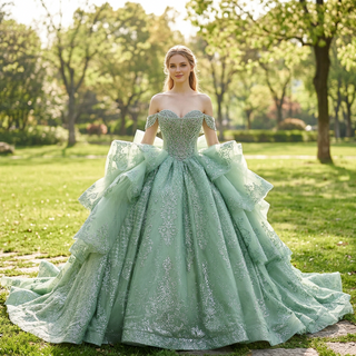 Sage Green Off-the-Shoulder Crystal Beaded Corset Ball Gown Quinceañera Dress with Oversized Bow
