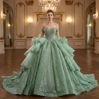 Sage Green Off-the-Shoulder Crystal Beaded Corset Ball Gown Quinceañera Dress with Oversized Bow