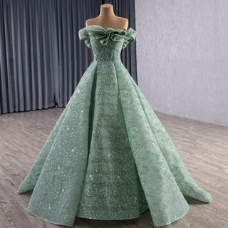 Elegant Sage Green Ball Gown with Off-the-Shoulder Ruffled Neckline & Corset Back