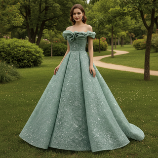 Elegant Sage Green Ball Gown with Off-the-Shoulder Ruffled Neckline & Rosymae Elegant Sage Green Ball Gown with Off-the-Shoulder Ruffled Neckline & Rosymae