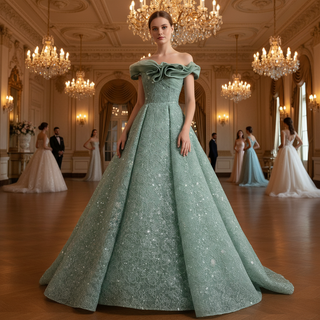 Elegant Sage Green Ball Gown with Off-the-Shoulder Ruffled Neckline & Corset Back
