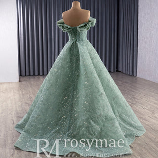 Elegant Sage Green Ball Gown with Off-the-Shoulder Ruffled Neckline & Corset Back