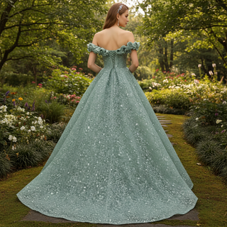 Elegant Sage Green Ball Gown with Off-the-Shoulder Ruffled Neckline & Corset Back
