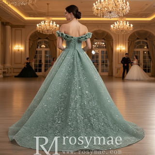 Elegant Sage Green Ball Gown with Off-the-Shoulder Ruffled Neckline & Corset Back