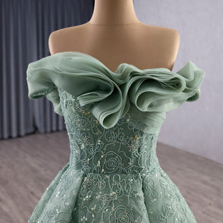 Elegant Sage Green Ball Gown with Off-the-Shoulder Ruffled Neckline & Corset Back