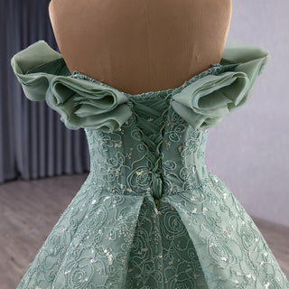 Elegant Sage Green Ball Gown with Off-the-Shoulder Ruffled Neckline & Corset Back