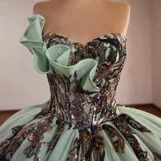 Sage Quinceanera Dress with Dense Gathered Tulle Ruffles & Sequin Floral Trailing Vines