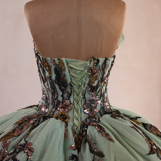 Sage Quinceanera Dress with Dense Gathered Tulle Ruffles & Sequin Floral Trailing Vines