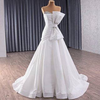 Strapless Satin A-Line Wedding Dress with Asymmetric Crystal Bow & Sweep Train