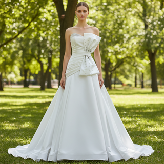 Strapless Satin A-Line Wedding Dress with Asymmetric Crystal Bow & Sweep Train