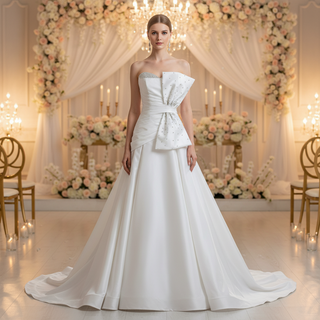 Strapless Satin A-Line Wedding Dress with Asymmetric Crystal Bow & Sweep Train
