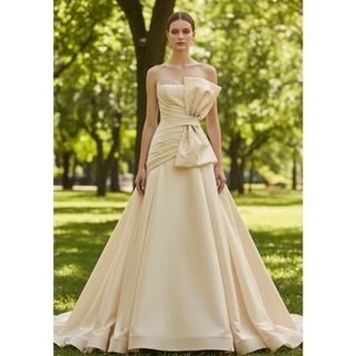 Strapless Satin A-Line Wedding Dress with Asymmetric Crystal Bow & Sweep Train
