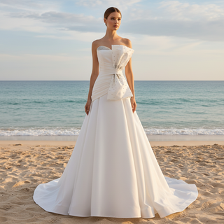 Strapless Satin A-Line Wedding Dress with Asymmetric Crystal Bow & Sweep Train