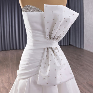 Strapless Satin A-Line Wedding Dress with Asymmetric Crystal Bow & Sweep Train