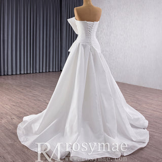 Strapless Satin A-Line Wedding Dress with Asymmetric Crystal Bow & Sweep Train