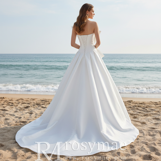 Strapless Satin A-Line Wedding Dress with Asymmetric Crystal Bow & Sweep Train