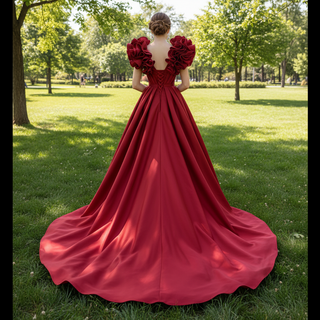 Puffy Ruffle Sleeve A-line Prom Dress Vneck Formal Gown Leg Slit