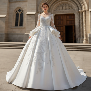 Vintage Layered Royal Satin Wedding Dress with Long Sleeves