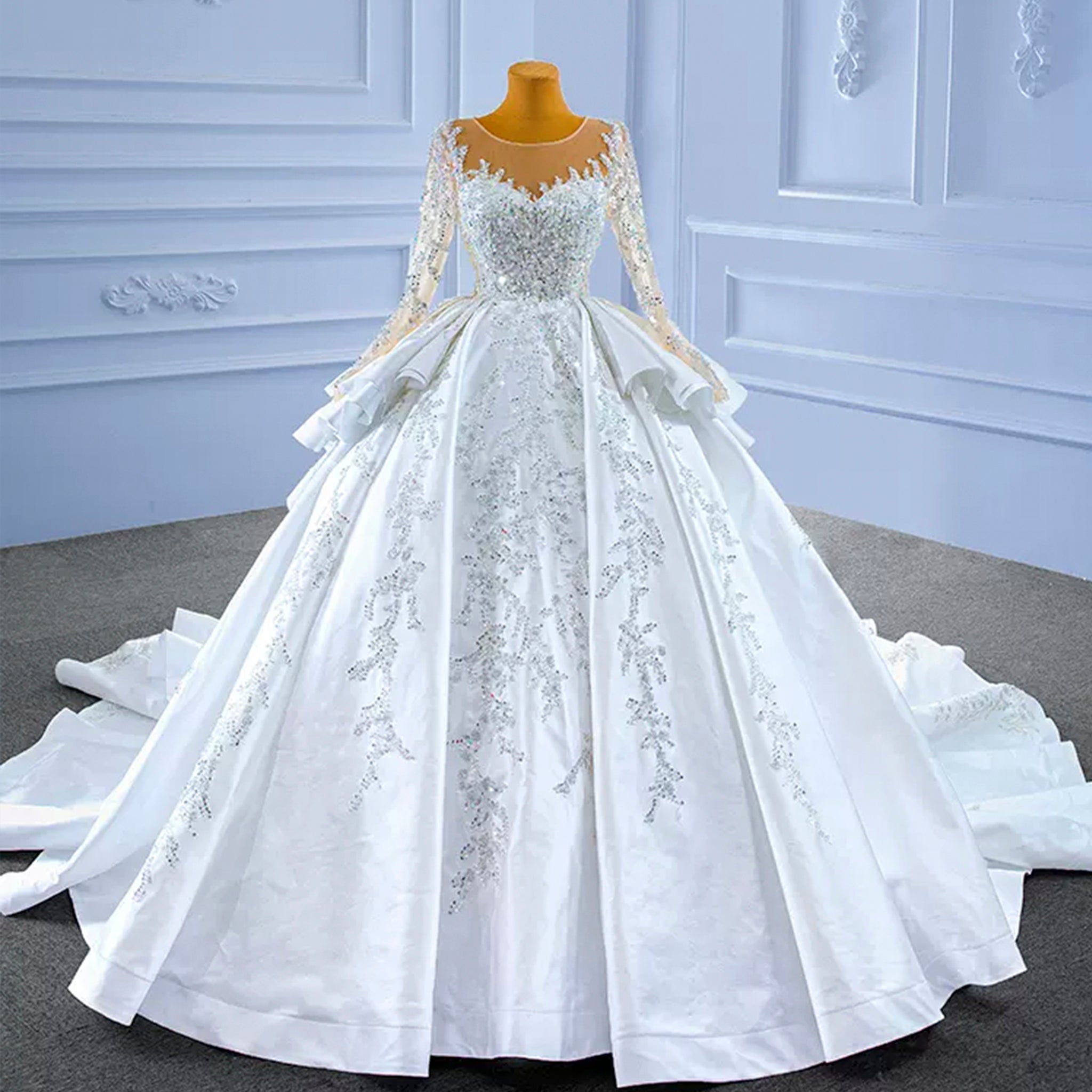 Vintage Layered Royal Satin Wedding Dress with Long Sleeves White / 22W Vintage Layered Royal Satin Wedding Dress with Long Sleeves White / 22W