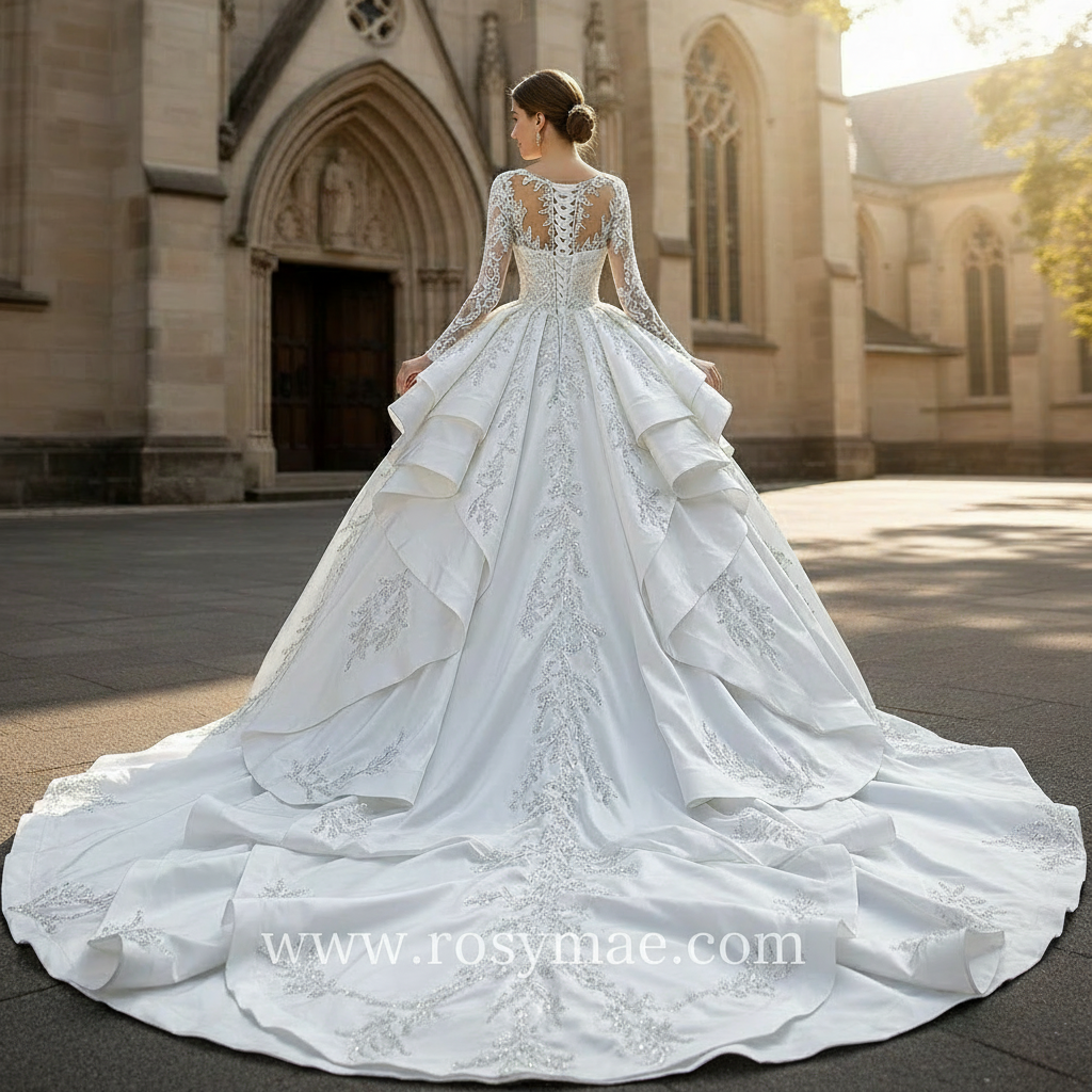 Vintage Layered Royal Satin Wedding Dress with Long Sleeves White / 22W Vintage Layered Royal Satin Wedding Dress with Long Sleeves White / 22W