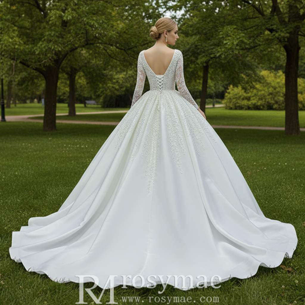 Long Sleeve Beaded Pearl Satin Wedding Dress Vintage Ball Gown Ivory / 16W Long Sleeve Beaded Pearl Satin Wedding Dress Vintage Ball Gown Ivory / 16W