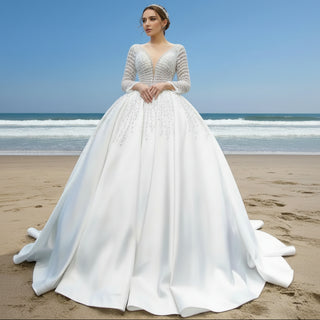 long sleeve pearl dress Long Sleeve Beaded Pearl Satin Wedding Dress Vintage Ball Gown – Rosymae