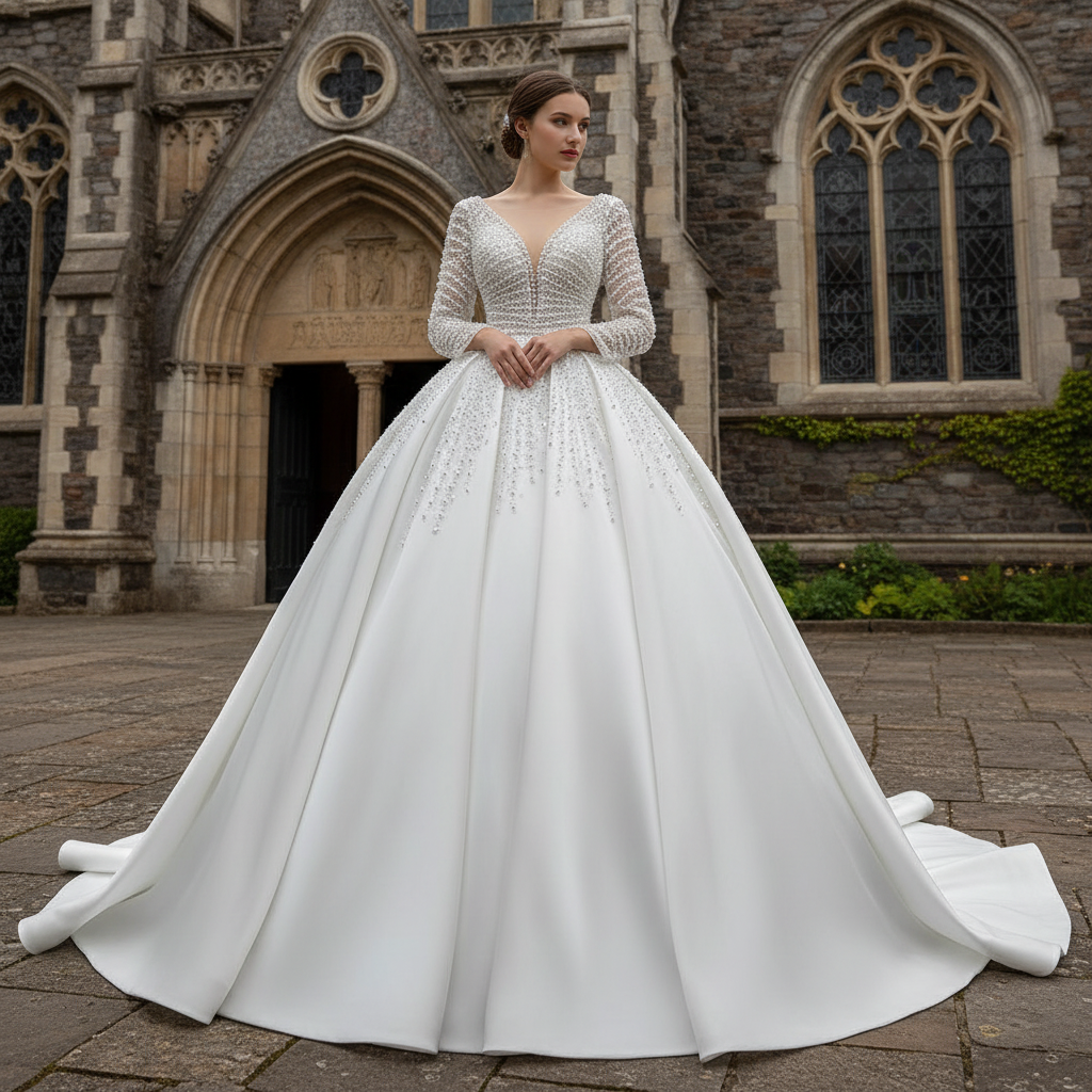 Long Sleeve Beaded Pearl Satin Wedding Dress Vintage Ball Gown Ivory / 16W Long Sleeve Beaded Pearl Satin Wedding Dress Vintage Ball Gown Ivory / 16W