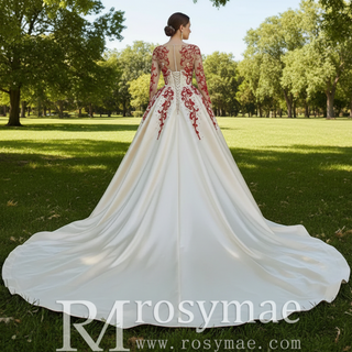 Long Sleeve Beaded Satin Wedding Gown Prom Dress with Long Train